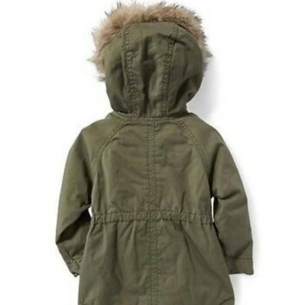 Warm Hooded Winter Coat Fur Trim Hood Jacket Old Navy Olive Khaki Green Size 4T